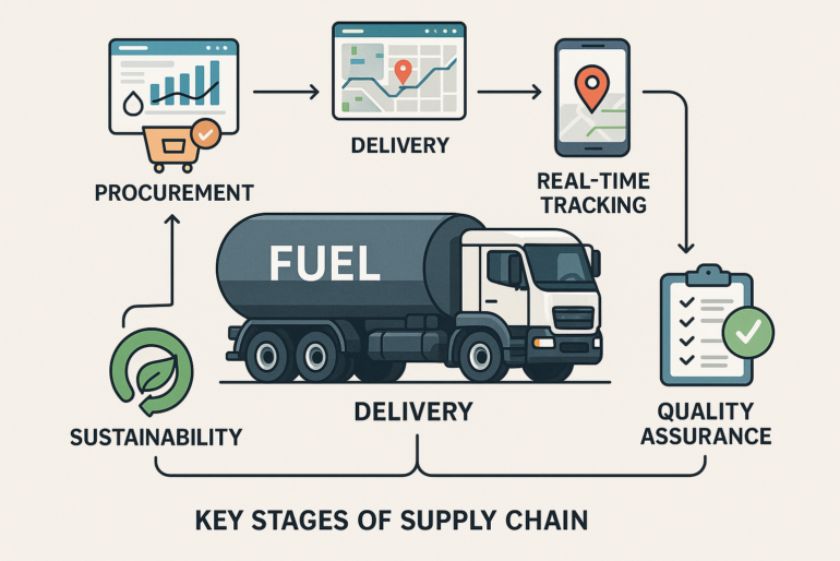Illustration of a modern fuel supply chain showcasing digital tracking, analytics, and delivery systems.