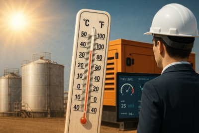Industrial worker monitors fuel levels near storage tanks and generator under intense heat, with thermometer showing high temperature.
