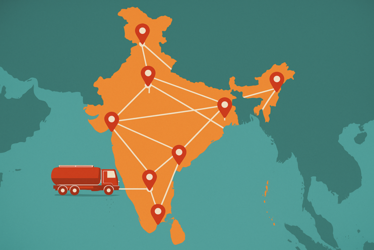 Diesel delivery route map across India showcasing 24/7 fuel logistics network