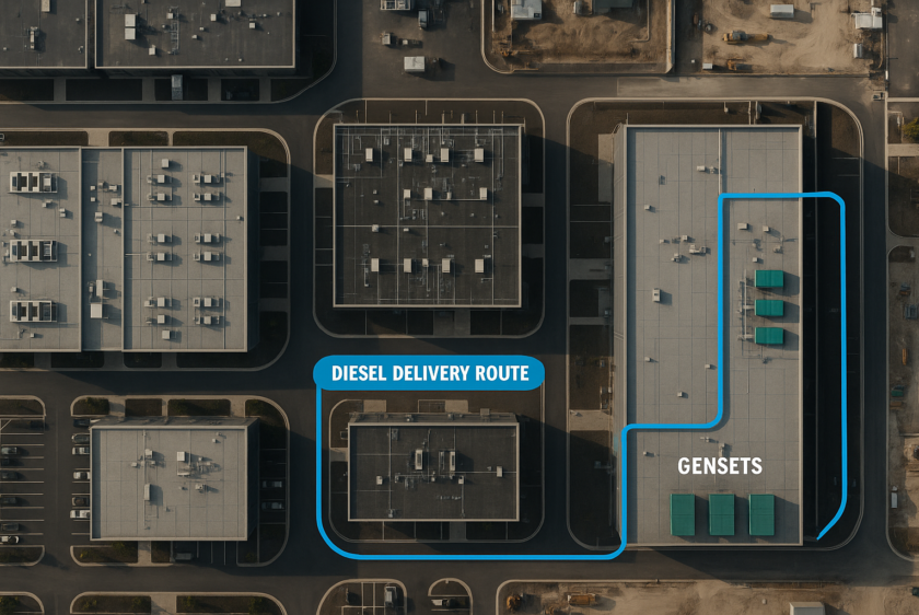 Aerial view of a streamlined diesel delivery route to gensets, ensuring uninterrupted power for critical operations.