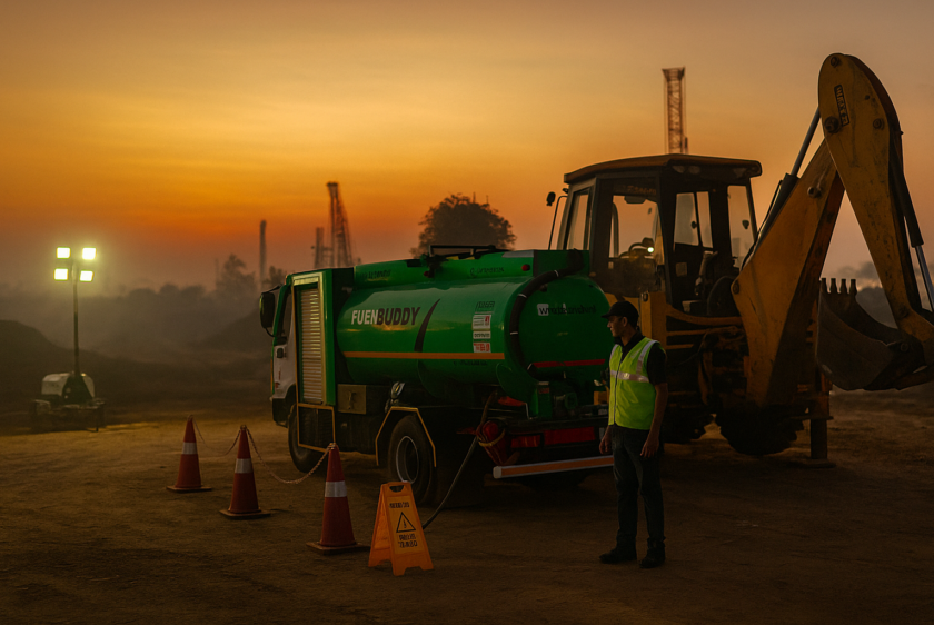 FuelBuddy diesel delivery truck refueling excavator at remote construction site during sunrise.