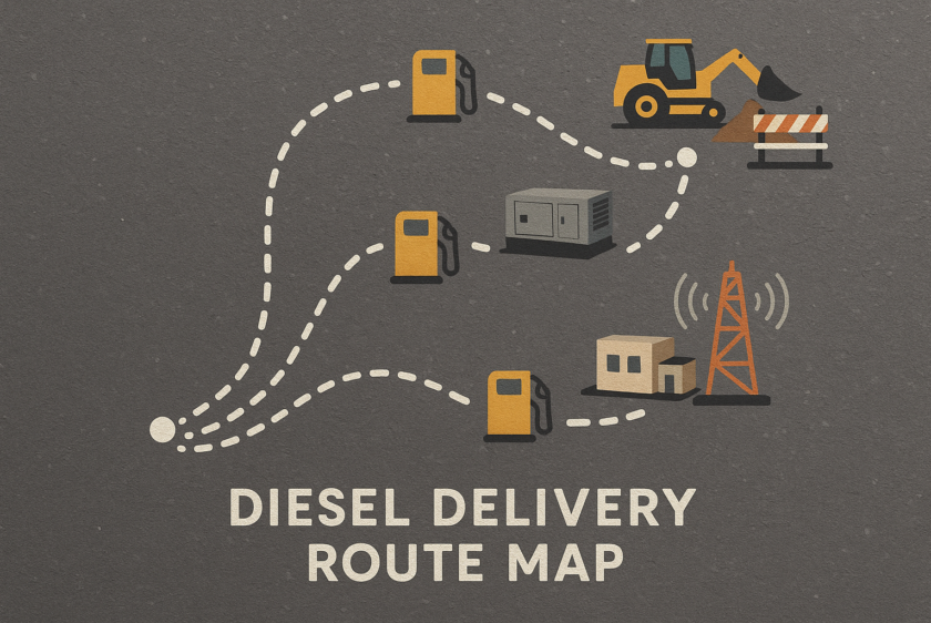 Smart Diesel Delivery Route Map Connecting Remote Sites Like Construction Zones, Gensets, and Telecom Towers