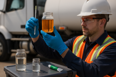 Technician testing diesel quality using water-detecting paste and hydrometer during on-site inspection
