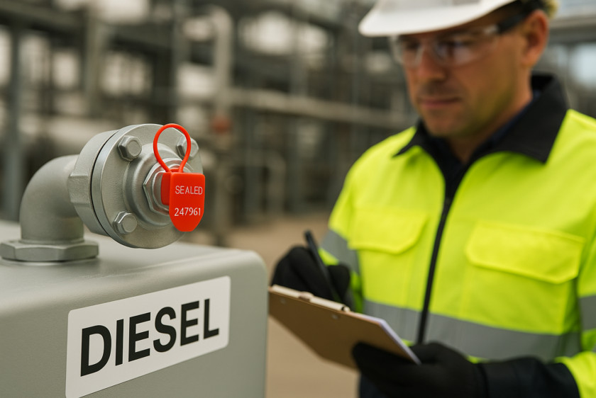 Trained fuel handler verifying tamper-proof seal on diesel bowser to ensure safe and adulteration-free delivery.
