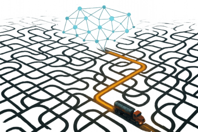 A dynamic, digital web guides a truck through a complex network of roads, visualizing how AI optimizes the fuel delivery supply chain.
