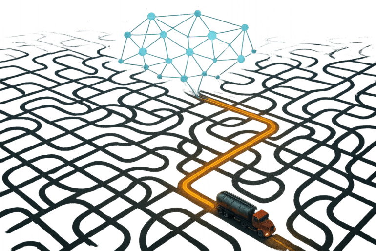 A dynamic, digital web guides a truck through a complex network of roads, visualizing how AI optimizes the fuel delivery supply chain.