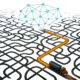 A dynamic, digital web guides a truck through a complex network of roads, visualizing how AI optimizes the fuel delivery supply chain.