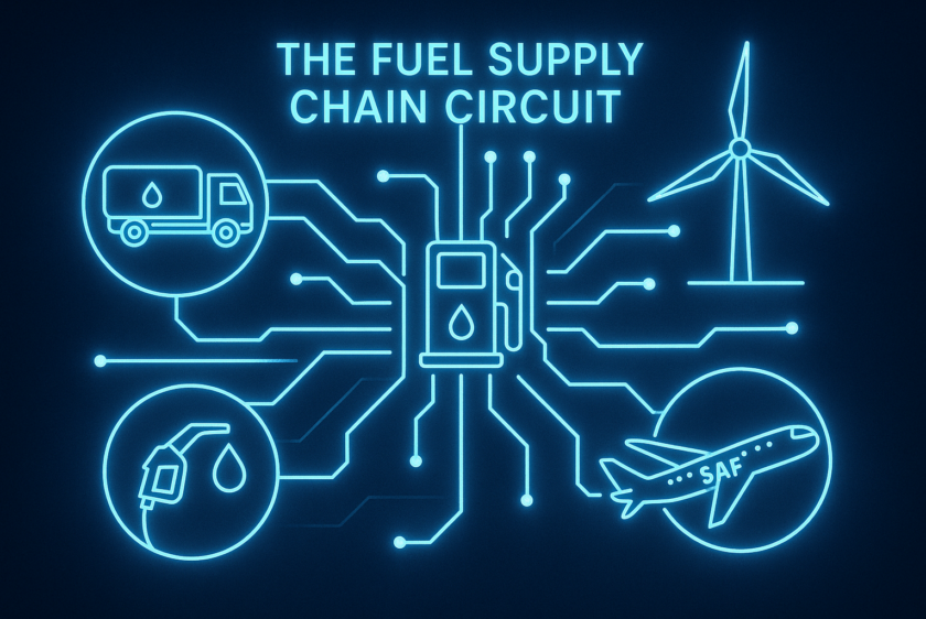 Digital fuel supply chain circuit connecting diesel delivery, mobile petrol pump, wind turbine, and sustainable aviation fuel for future-ready logistics.