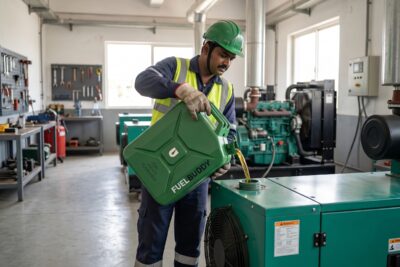 Buddy Can enabling safe diesel storage with a spill-free pouring system in a real generator setup.