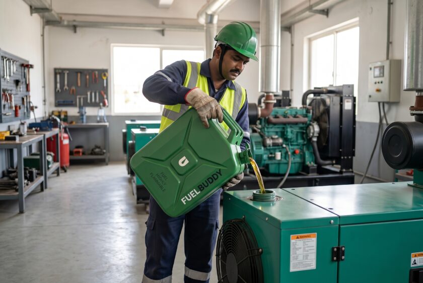 Buddy Can enabling safe diesel storage with a spill-free pouring system in a real generator setup.