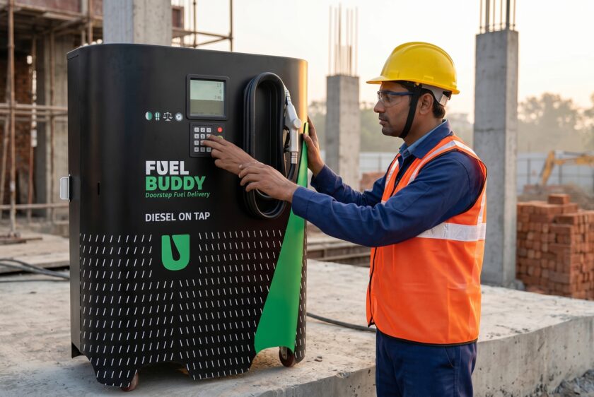 FuelBuddy's DOT unit in action, smart, portable diesel storage tank for on-site fuel management at construction sites.