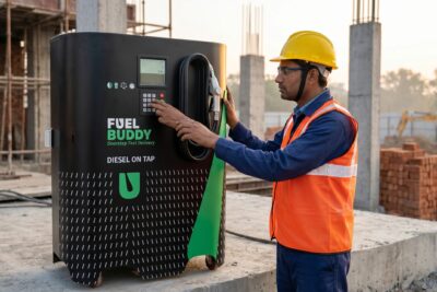 FuelBuddy's DOT unit in action, smart, portable diesel storage tank for on-site fuel management at construction sites.